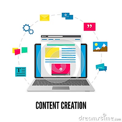 Content creation concept. Laptop with website on screen and elements of development. Social media and blogging. Vector Vector Illustration