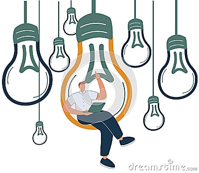 Content creation, creative person vector concept. Man sitting in lighbulb with laptop. Symbol of Vector Illustration