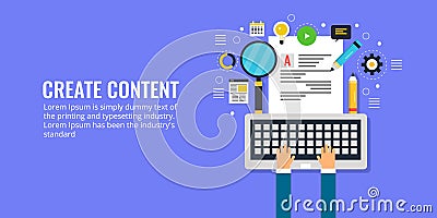 Content creation, development, writing, publication and promotion concept. Flat design content marketing banner. Vector Illustration