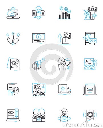 Content creation linear icons set. Blogging, Writing, Editing, Designing, Publishing, SEO, Social media line vector and Vector Illustration