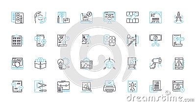 Content creation linear icons set. Creativity, Writing, Design, Blogging, Editing, Strategy, Social media line vector Vector Illustration