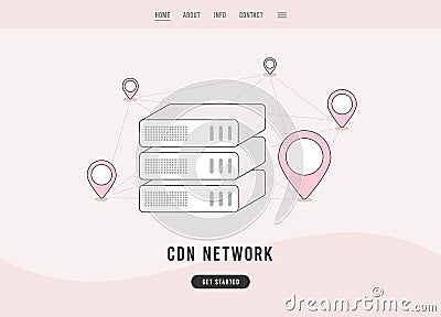Content delivery network - CDN concept. Geographically distributed data centers, network of proxy servers. Linear Vector Illustration