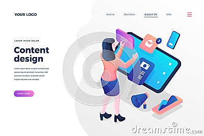 Content design isometric landing page template female SMM specialist selecting materials for social media posts Vector Illustration