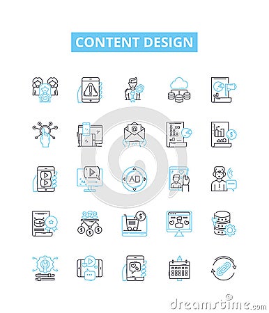 Content design vector line icons set. Content, Design, Layout, Structuring, Writing, Formatting, Arranging illustration Vector Illustration