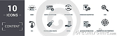 Content icon set. Contain filled flat members only, meme, on-page optimization, pagerank, responsive web design, retargeting, Stock Photo