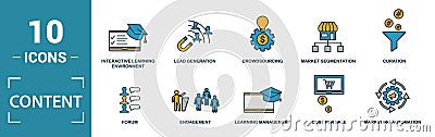 Content icon set. Include creative elements cost per click, crowdsourcing, curation, exit rate, gamification icons. Can be used Stock Photo