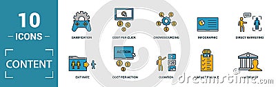 Content icon set. Include creative elements cost per click, crowdsourcing, curation, exit rate, gamification icons. Can be used Stock Photo