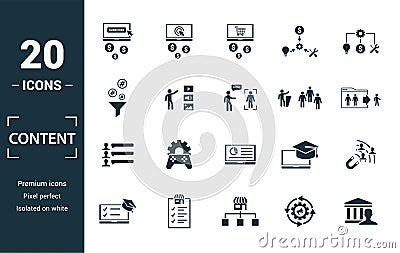 Content icon set. Include creative elements cost per click, crowdsourcing, curation, exit rate, gamification icons. Can be used Stock Photo