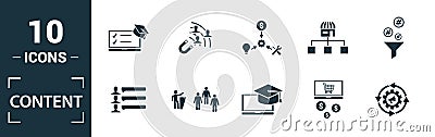 Content icon set. Include creative elements cost per click, crowdsourcing, curation, exit rate, gamification icons. Can be used Stock Photo