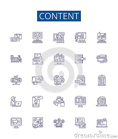 Content line icons signs set. Design collection of Content, Writing, Text, Articles, Stories, Narratives, Poetry, Blogs Vector Illustration