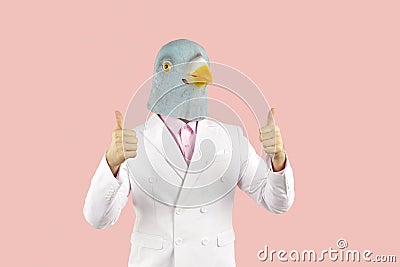 Satisfied man wearing suit and funny pigeon mask showing thumbs up with both hands Stock Photo