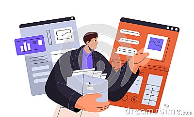 Content manager upload data in web app, website. Worker add photo in online chat. Designer update digital product Vector Illustration