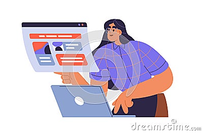 Content manager works at laptop. Web-site editor editing online page at computer. Woman surfing internet. CMS Vector Illustration