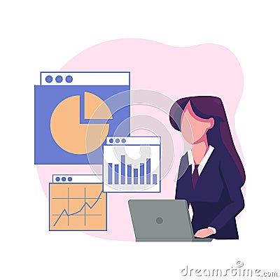 Content manager works at laptop. Web-site editor editing online page at computer. Woman surfing internet. CMS, information Vector Illustration