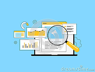 Content marketing dashboard visualizes analytics, performance metrics and engagement data. Tracking content strategy Vector Illustration