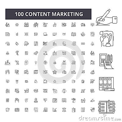 Content marketing editable line icons, 100 vector set, collection. Content marketing black outline illustrations, signs Vector Illustration