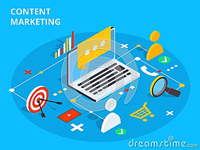 Content marketing isometric vector concept illustration. Business sell strategy and social media customer research. E-commerce or Vector Illustration