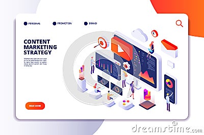 Content marketing landing page. Contents creation specialist and article writers. Writing service isometric concept Vector Illustration