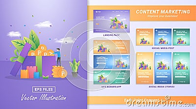 Content marketing material set. Collect shopping point, Swap points for vouchers. Reward program for loyal customers. Including Vector Illustration