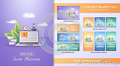 Content marketing material set. Register for courses and study online. Digital education, online learning. Including Landing page Vector Illustration