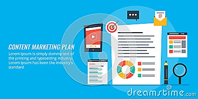 Content marketing planning, business promotion strategy via digital contents. Vector Illustration