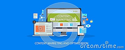 Content marketing, social media promotion, digital video marketing, email newsletter concept. Flat design vector banner. Vector Illustration