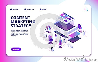Content marketing. Video blog content strategy, digital market promotion. Website publishing isometric vector landing Vector Illustration