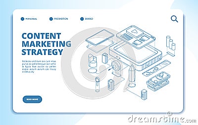 Content marketing. Website, social network publishing, video blog content strategy. Digital promotion 3d isometric Vector Illustration