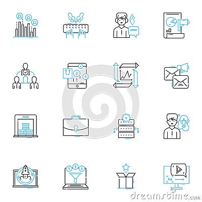 Content promotion linear icons set. Outreach, Promotion, Syndication, Amplification, Advertising, Social, Influencer Vector Illustration