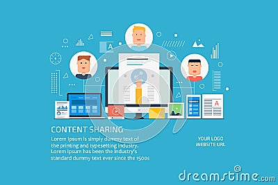 Content sharing, promotion, social media marketing concept. Flat design vector banner. Vector Illustration