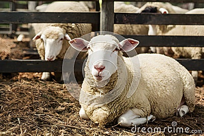 Content sheep contentedly resting in corral on farm premises Stock Photo