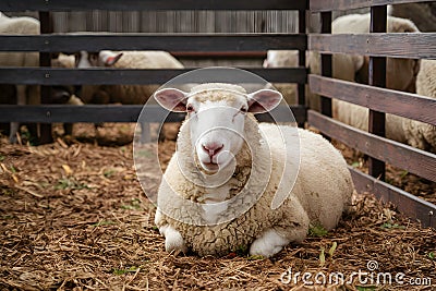 Content sheep contentedly resting in corral on farm premises Stock Photo