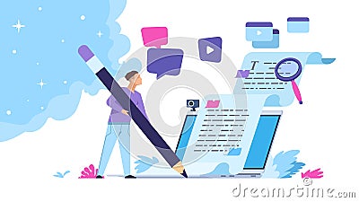 Content writer. Blog articles creation concept with people characters, freelance work business and marketing. Vector Vector Illustration