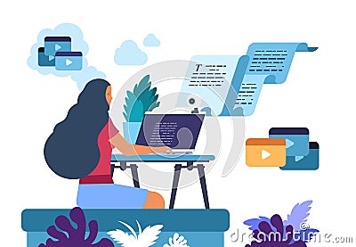 Content writer. Media creator and online freelance article writer, blog copywriter and content maker concept. Vector Vector Illustration
