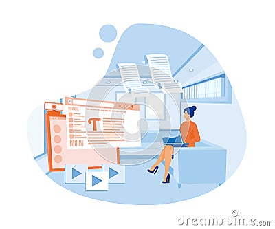 Content writer. Media creator and online freelance article writer, blog copywriter and content maker concept. Vector Illustration