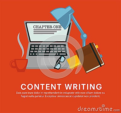 Content writing laptop with notebook and glasses lamp Vector Illustration