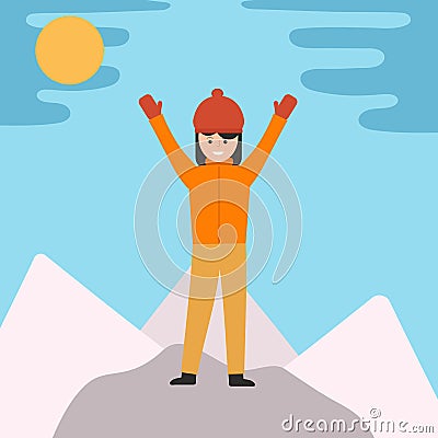 A contented girl climber on top of a cliff Vector Illustration