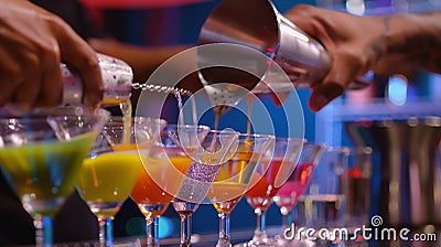 The contestants carefully mixing and layering different colorful liquids into their cocktail shakers Stock Photo