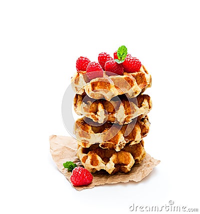 Continental classics belgian butter waffles with raspberries is Stock Photo