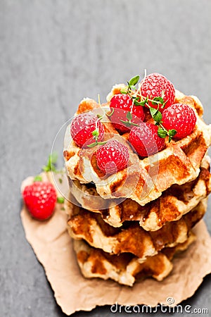 Continental classics belgian butter waffles with raspberries on Stock Photo