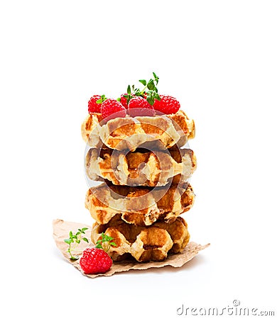 Continental classics belgian butter waffles with raspberries is Stock Photo