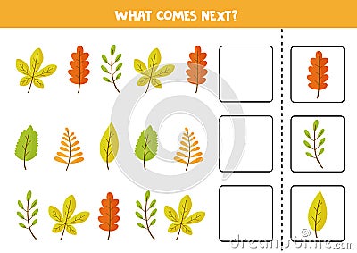 Continue sequence with cute autumn leaves. What comes next. Vector Illustration