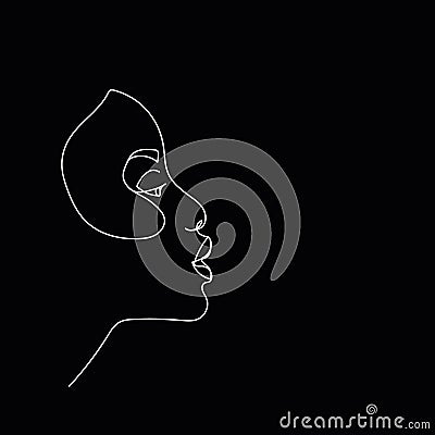 Continuous line abstract face. Contemporary female portrait. Hand drawn line art of woman isolated on black background Vector Illustration