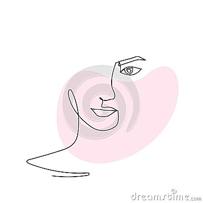 Continuous line abstract face. Contemporary female portrait. Hand drawn line art of woman with liquid colored shape Vector Illustration