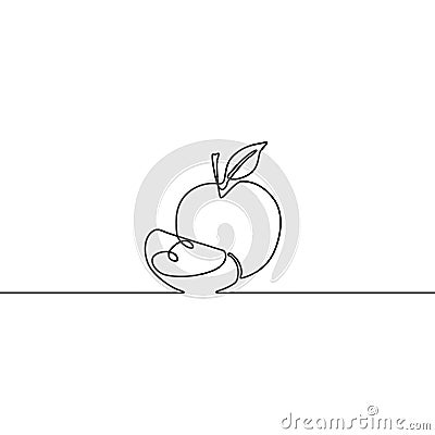 Continuous line appe and slice of apple. Vector illustration. Vector Illustration