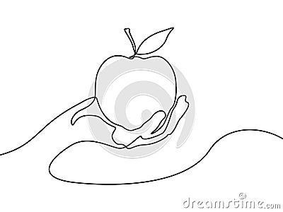 Continuous line apple in hand. Vector illustration. Vector Illustration