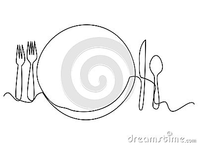 Continuous line art or One Line Drawing of plate, khife and fork. linear style and Hand drawn Vector illustrations Vector Illustration