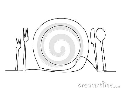 Continuous line art or One Line Drawing of plate, khife and fork. linear style and Hand drawn Vector illustrations Vector Illustration