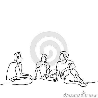 Continuous line art silhouette of three men at a small table. Teenager young male group having good time at cafe. A company of Vector Illustration