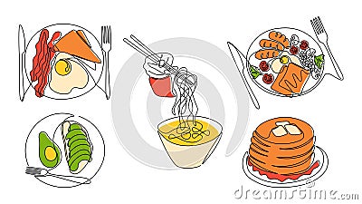 Continuous line breakfast. One line morning food, avocado sandwich, English breakfast and fried eggs. Vector monoline Vector Illustration